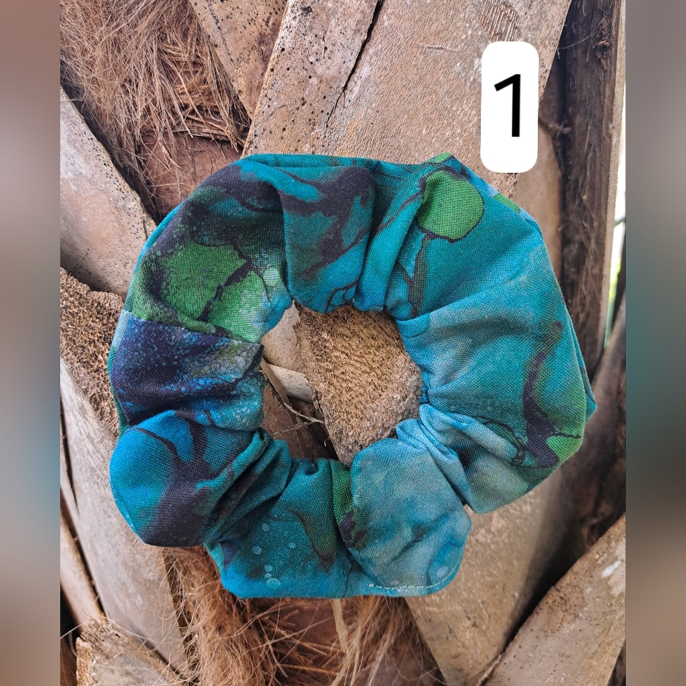 ONE Cotton Scrunchie Hair Tie Abstract Blue Purple Green Prints - Picture 3 of 16